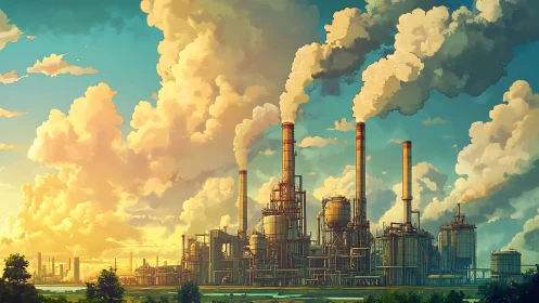 Sun-drenched smokestacks trade clouds with a restless sky