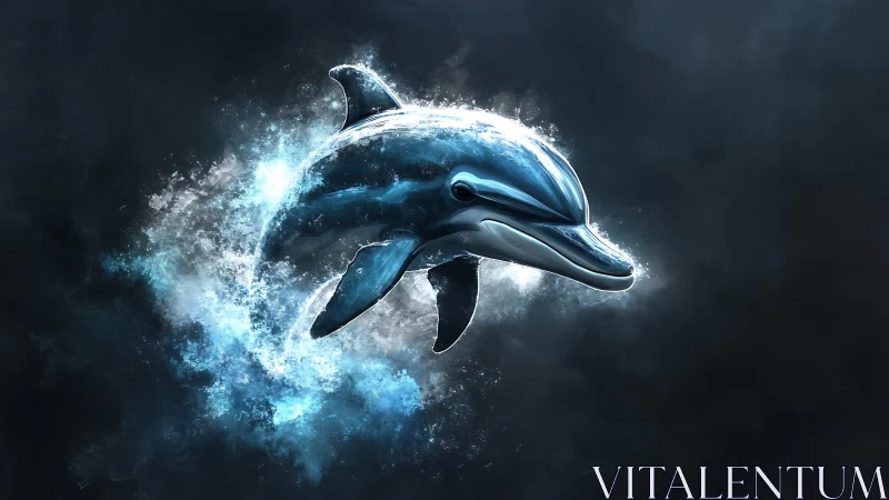 Luminescent blue dolphin bursting through vaporous surf.