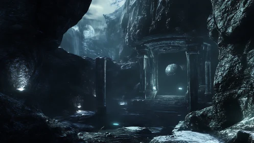 Moonlit cavern gate to a quiet forgotten world.