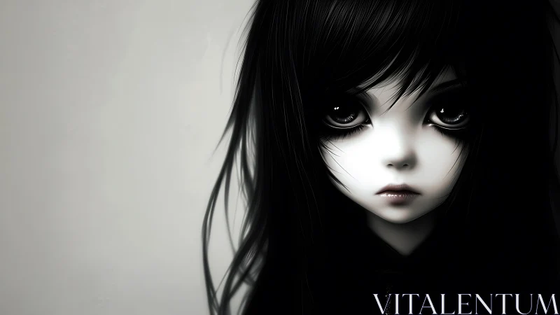 High-contrast monochrome portrait of doll-like girl with oversized eyes