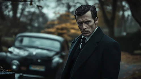 Stern man in dark overcoat stands before vintage car.