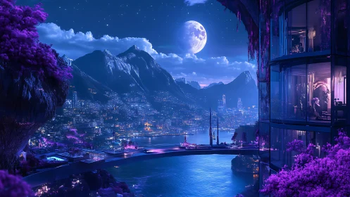 Futuristic coastal cityscape under full moonlit night sky