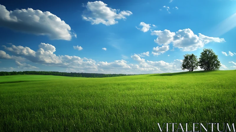 Emerald meadow stretches beneath deep cobalt summer sky.