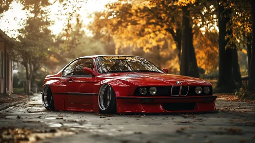 Crimson classic cruiser resting low under golden autumn light.