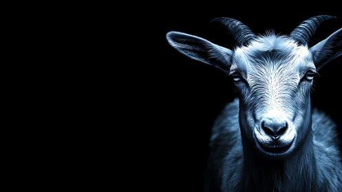 Goat portrait rendered in high contrast blue lighting on black