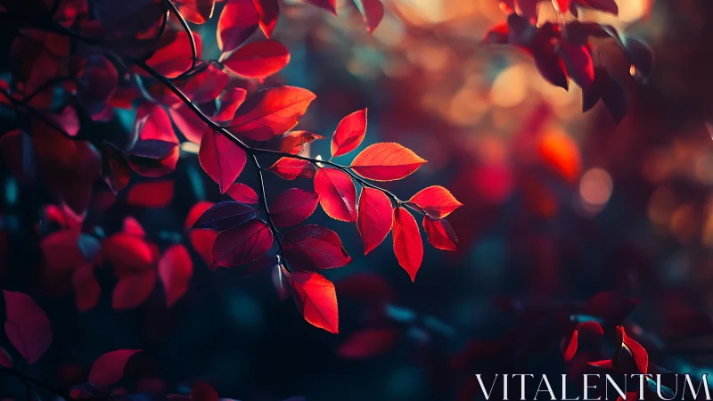 Scarlet leaves whisper quietly through the twilight glow