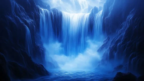 Blue illuminated waterfall in rocky cavern environment.