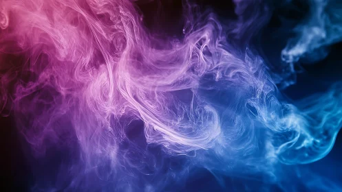 Colored smoke plumes form swirling gradients in dark space