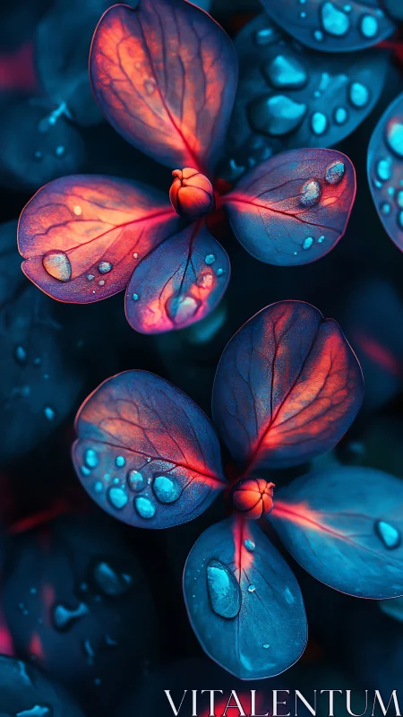 Bioluminescent petals glow with neon raindrops at dusk
