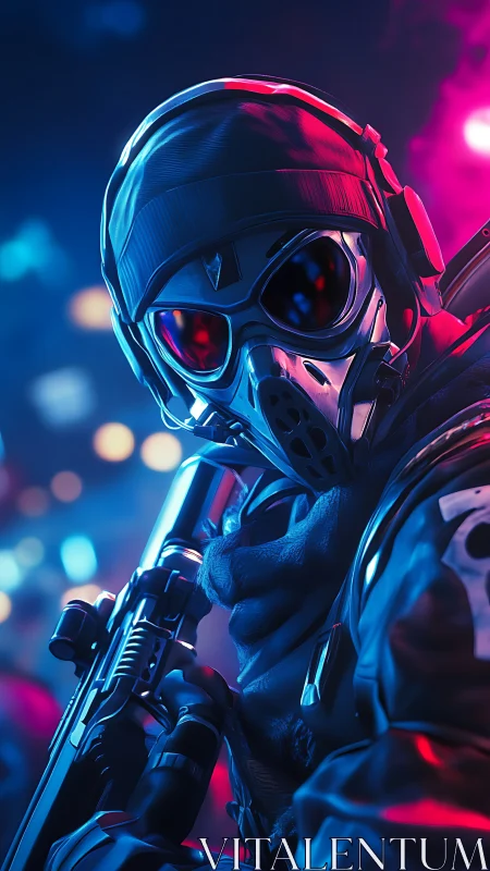 Masked futuristic soldier holding rifle in neon cityscape.