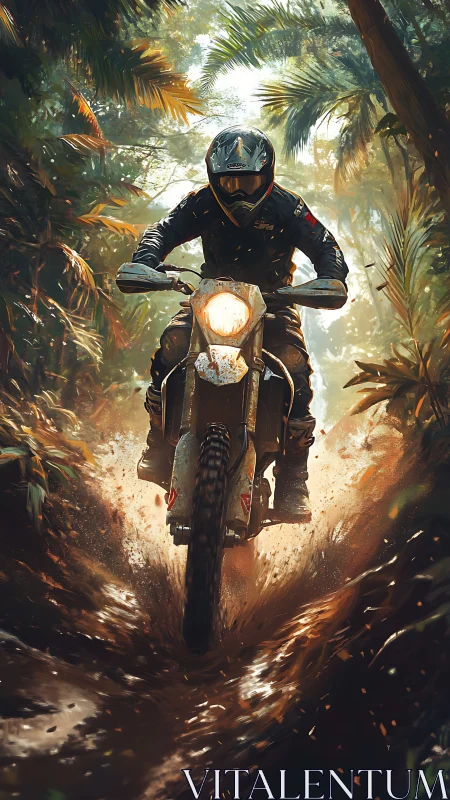 Motorcyclist riding through muddy tropical forest trail.