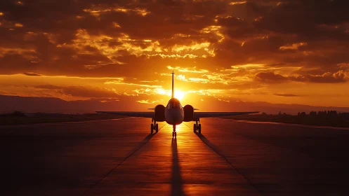 Jet silhouette kissing a molten horizon of blazing dusk light.
