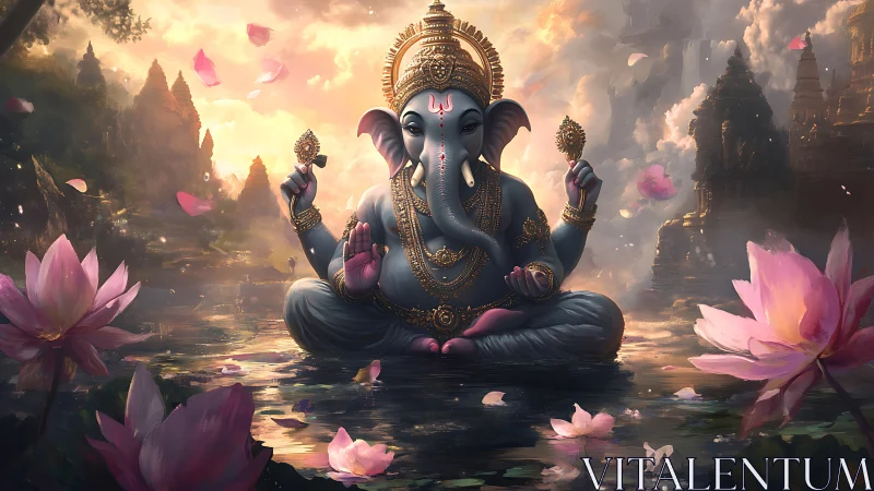 Lotusborn elephant deity glows in misty temple sunrise.