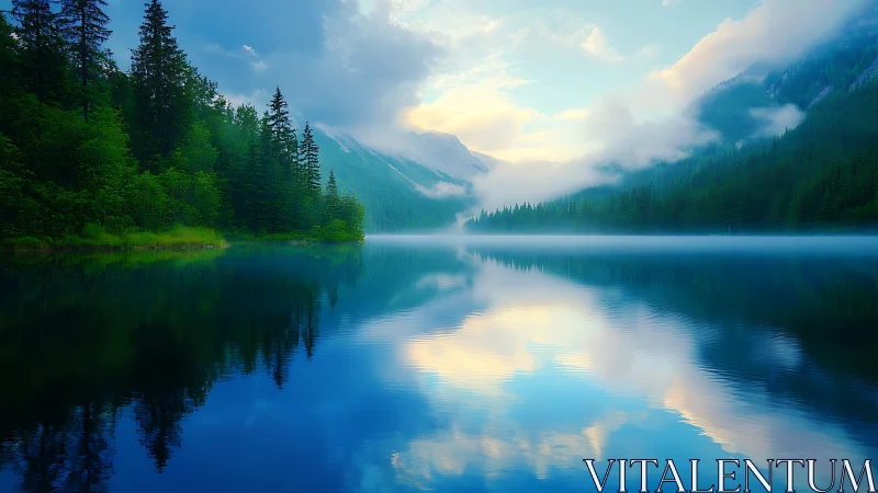 Peaceful mountain lake wrapped in misty morning light.