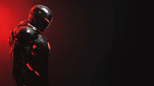 Armored cyber warrior broods in red neon darkness