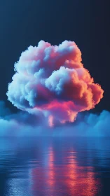 Volumetric nebula cloud hovering above reflective ocean plane.