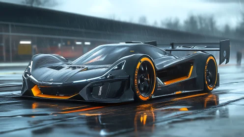 Wet track hypercar render in rain with neon orange accents.