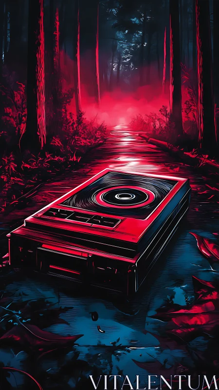 Cassette player on forest path under red ambient light.