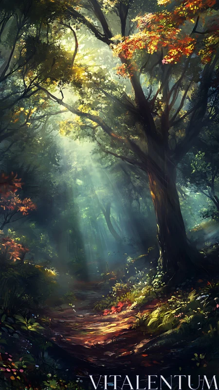 Luminescent Forest Pathway: Crepuscular Lighting Through Ancient Canopy.