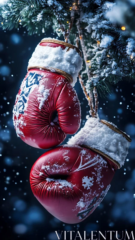 Red boxing gloves covered in frost hanging from evergreen branch