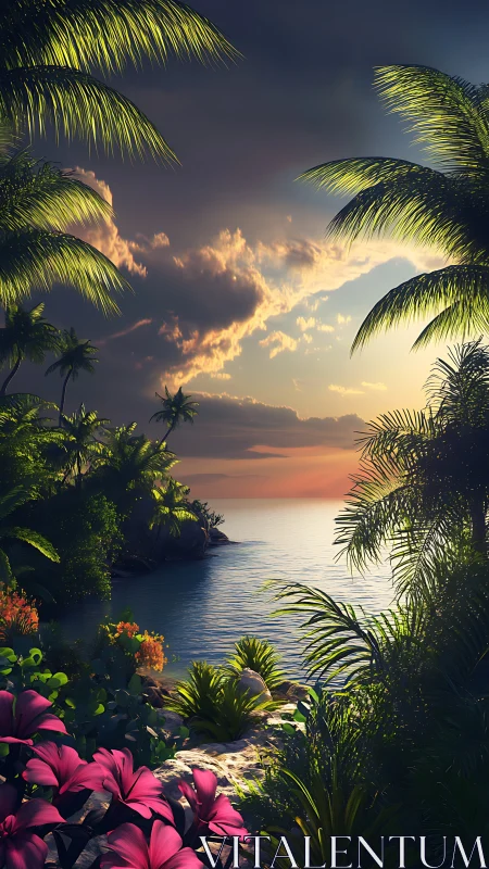 Parametric tropical cove at sunset with volumetric foliage rendering.