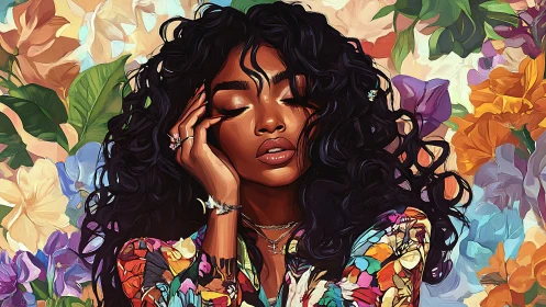 Digital portrait of serene woman amid dense floral backdrop