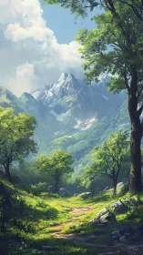 Mountain valley path under summer light and towering peaks.