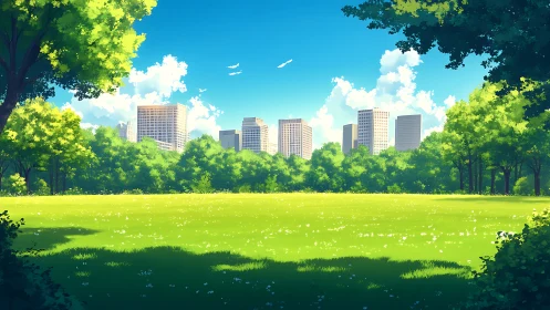 Sunlit city park meadow opens onto a calm urban skyline