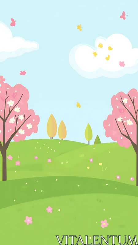 Stylized spring landscape with trees, clouds, and butterflies.