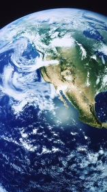 Earth from space with North America and Pacific Ocean visible.