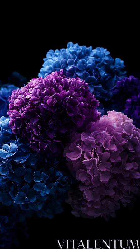 Chromatic Floral Arrangement: Blue, Magenta, and Lavender Hydrangea Clusters Against Black Backgroun