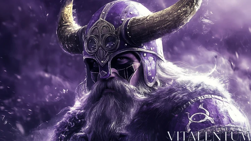 Battle-worn Viking warlord in purple horned helm under snow