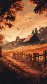 Golden autumn path gently winding toward a quiet country barn