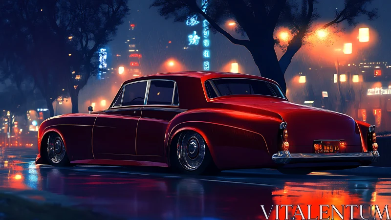 Crimson classic glides through neon rain and midnight reflections
