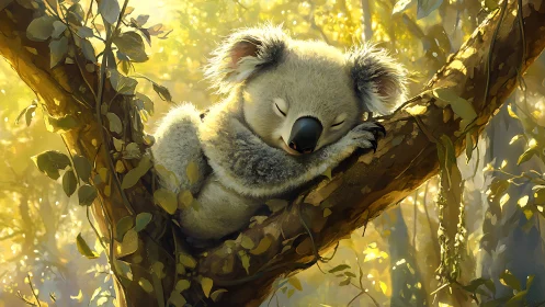 Sleeping koala resting securely on sunlit forest branch.
