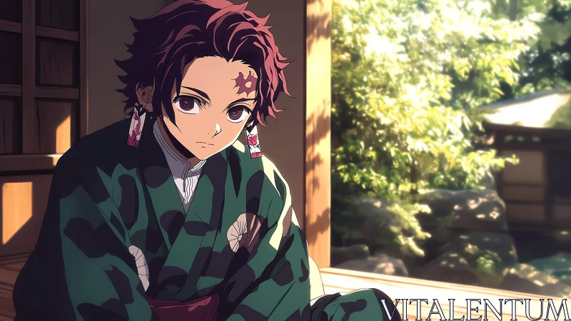 Pensive kimono clad boy sits in sunlit wooden veranda