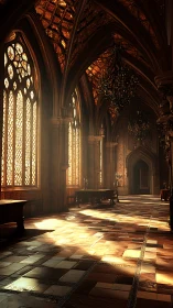 Sunlit neo-gothic hall renders vaulted stone architecture