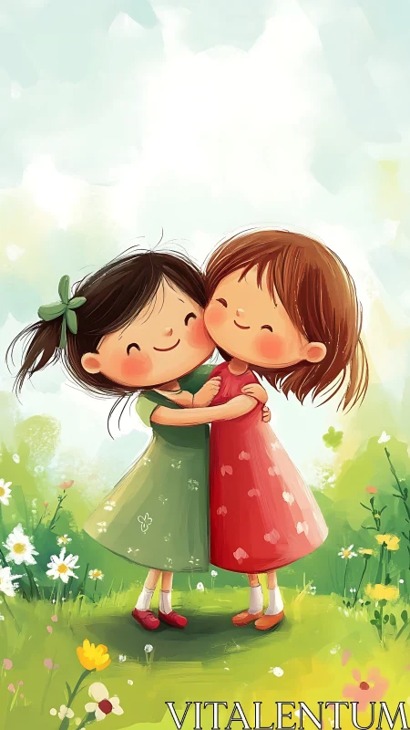 Two young girls embracing in cheerful outdoor garden setting