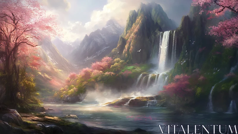 Verdant alpine gorge with cascading waterfalls and sakura bloom