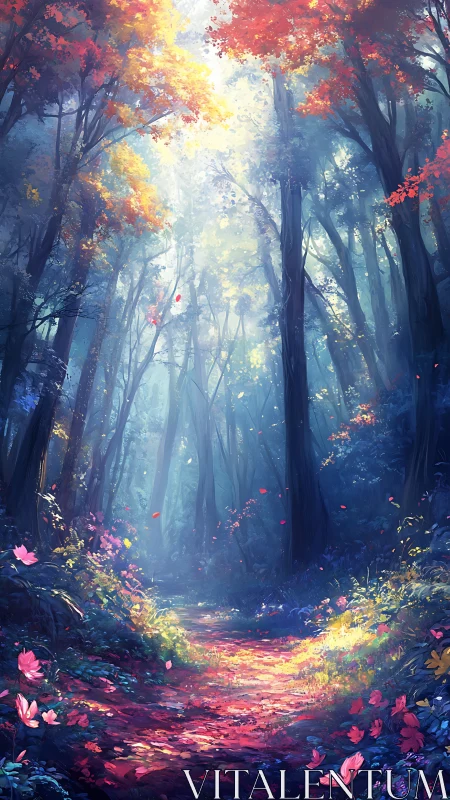 Luminescent forest pathway with volumetric light rendering and autumn foliage cascades