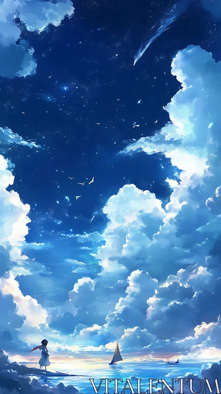 Vertical seascape shows layered clouds, stars and small figures