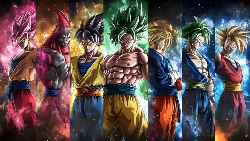 Saiyan warrior forms explode across cosmic nebula spectrum