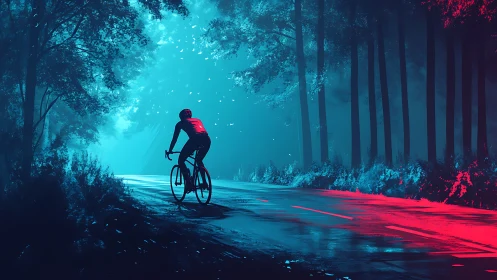 Cyclist on Forest Road with Cyan and Red Lighting
