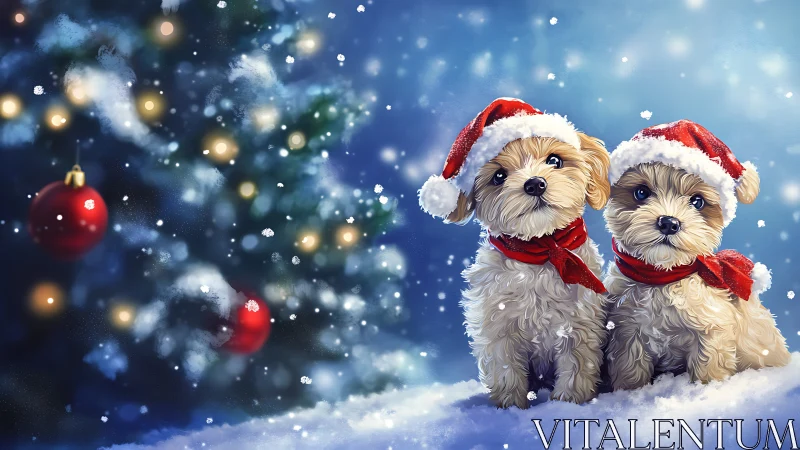 Festive puppies in Santa hats before glowing tree snowstorm.