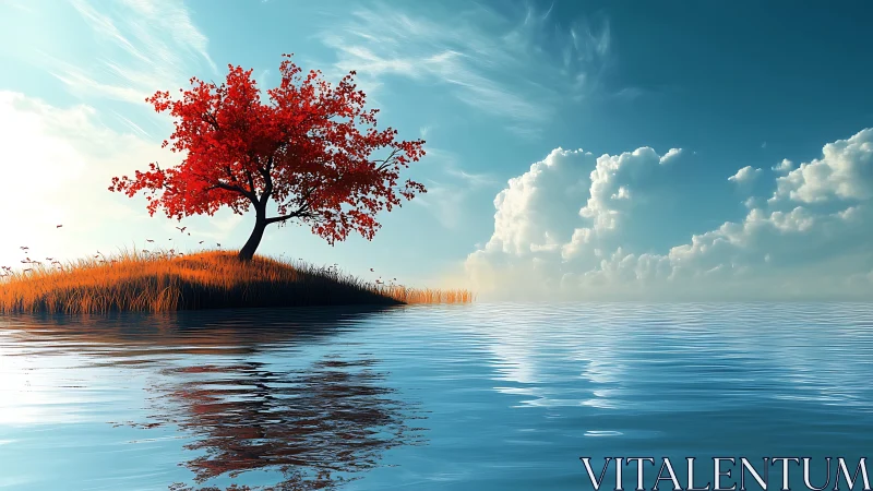 Solitary crimson tree crowns tranquil reflective seascape.