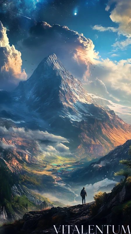 Lone wanderer greeting a star crowned valley of giants.