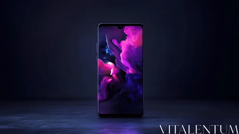 Modern smartphone with vibrant abstract wallpaper, studio lighting.