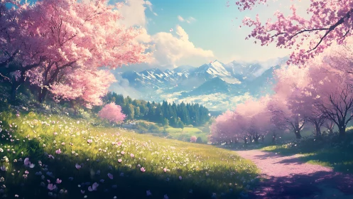 High-altitude spring valley with cherry blossom trees and alps