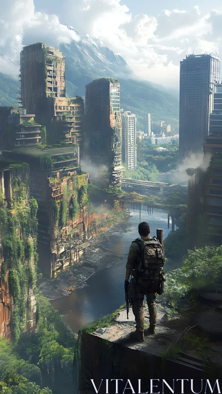 Lone scout surveys vine-strangled skyscraper canyon afterfall.