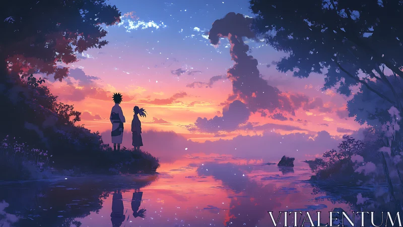 Two silhouetted figures study a chromatic sunset over still water